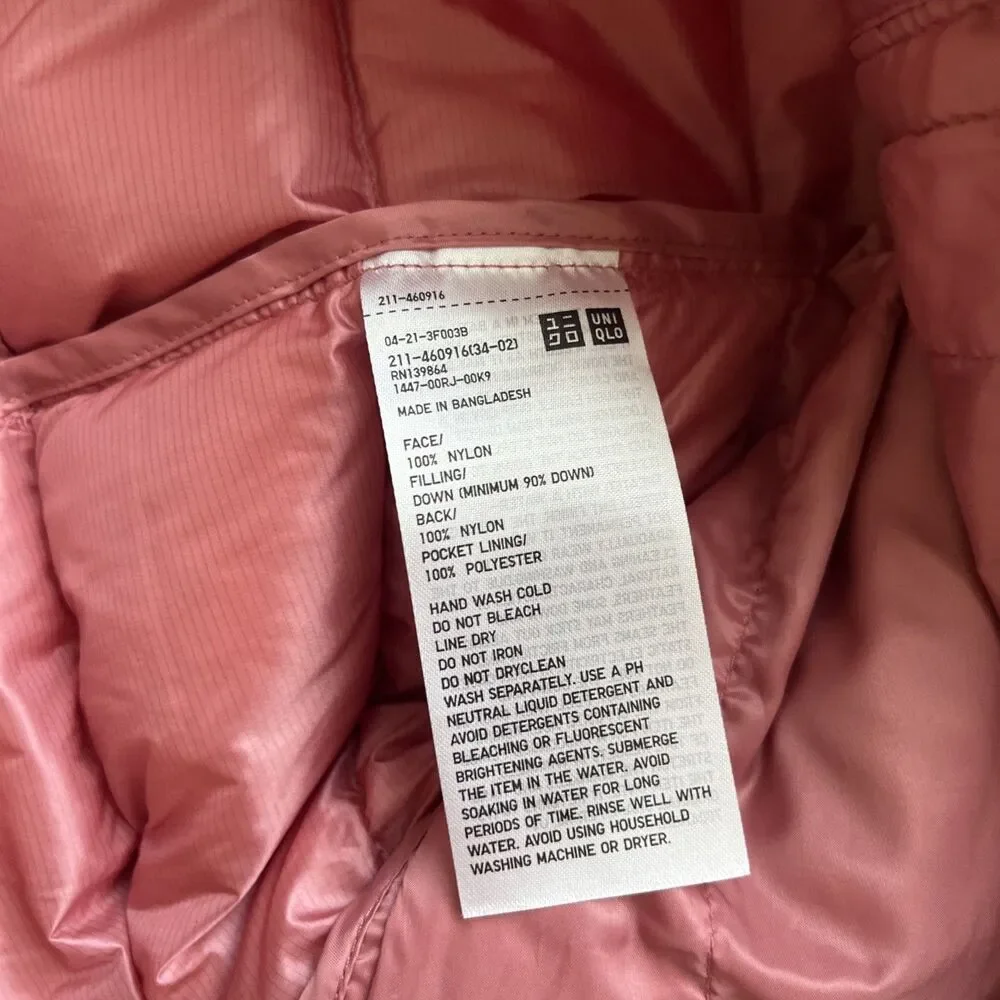 Uniqlo Down Puffer Vest Womens Medium Pink Ultra Light Zip Packable Bag Layer
